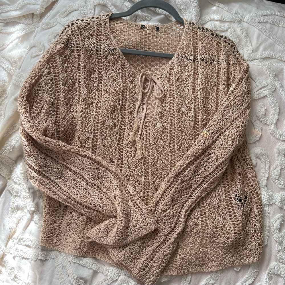 Knit Crochet Long Sleeve Top with Tie